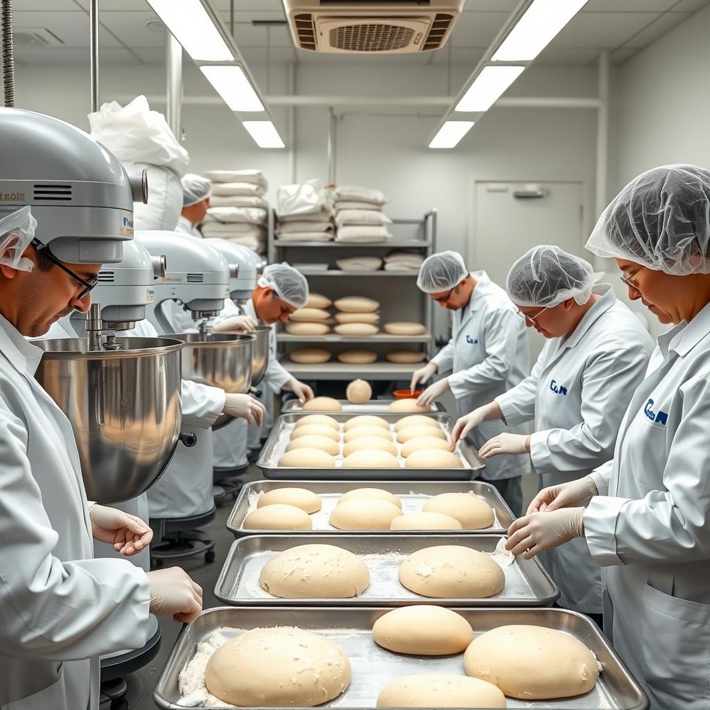 A group of food engineers in a modern bakery laboratory, intensely focused on perfecting bread dough