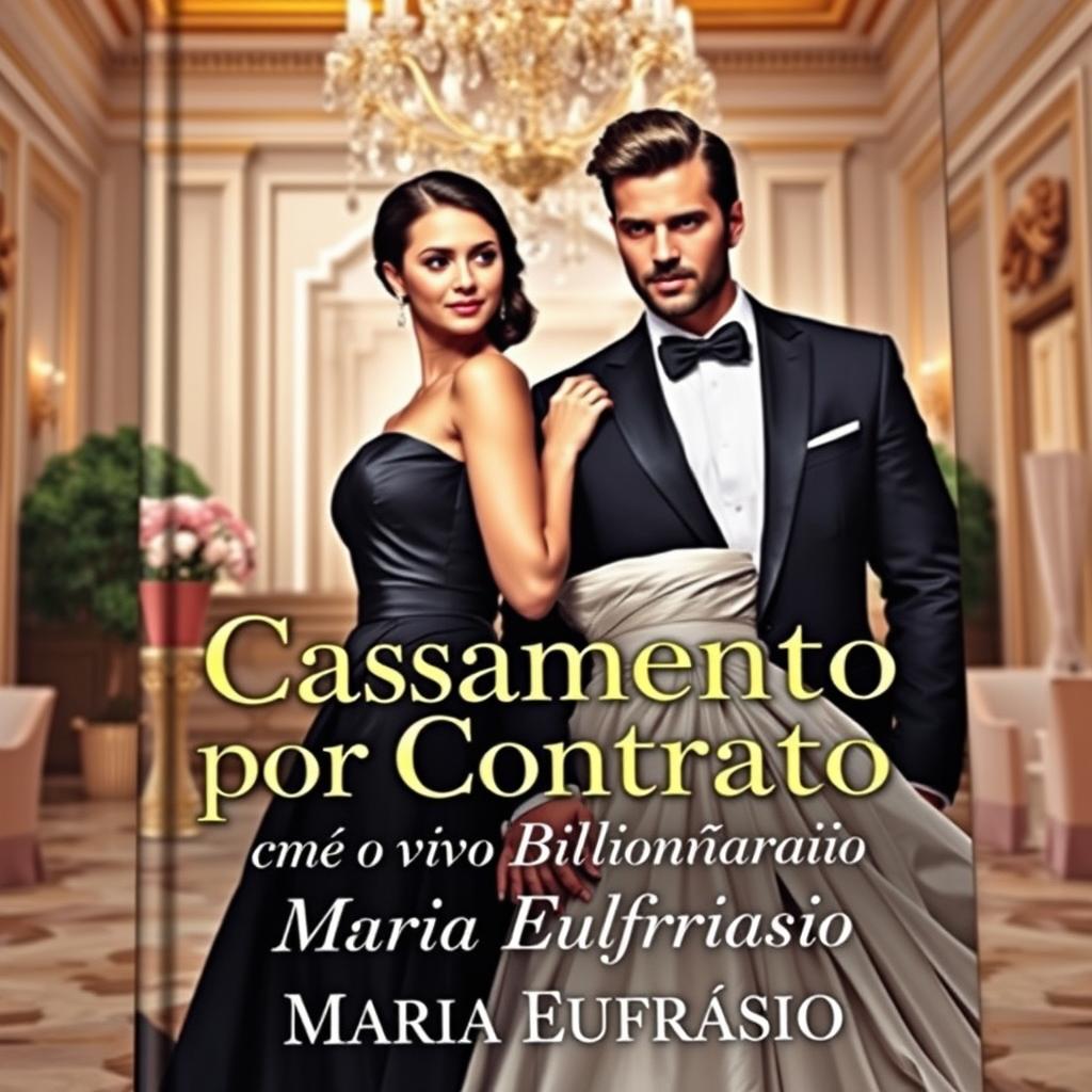 A captivating book cover for "Casamento por Contrato com o Viúvo Bilionário Maria Eufrásio" featuring a stylish couple at the center