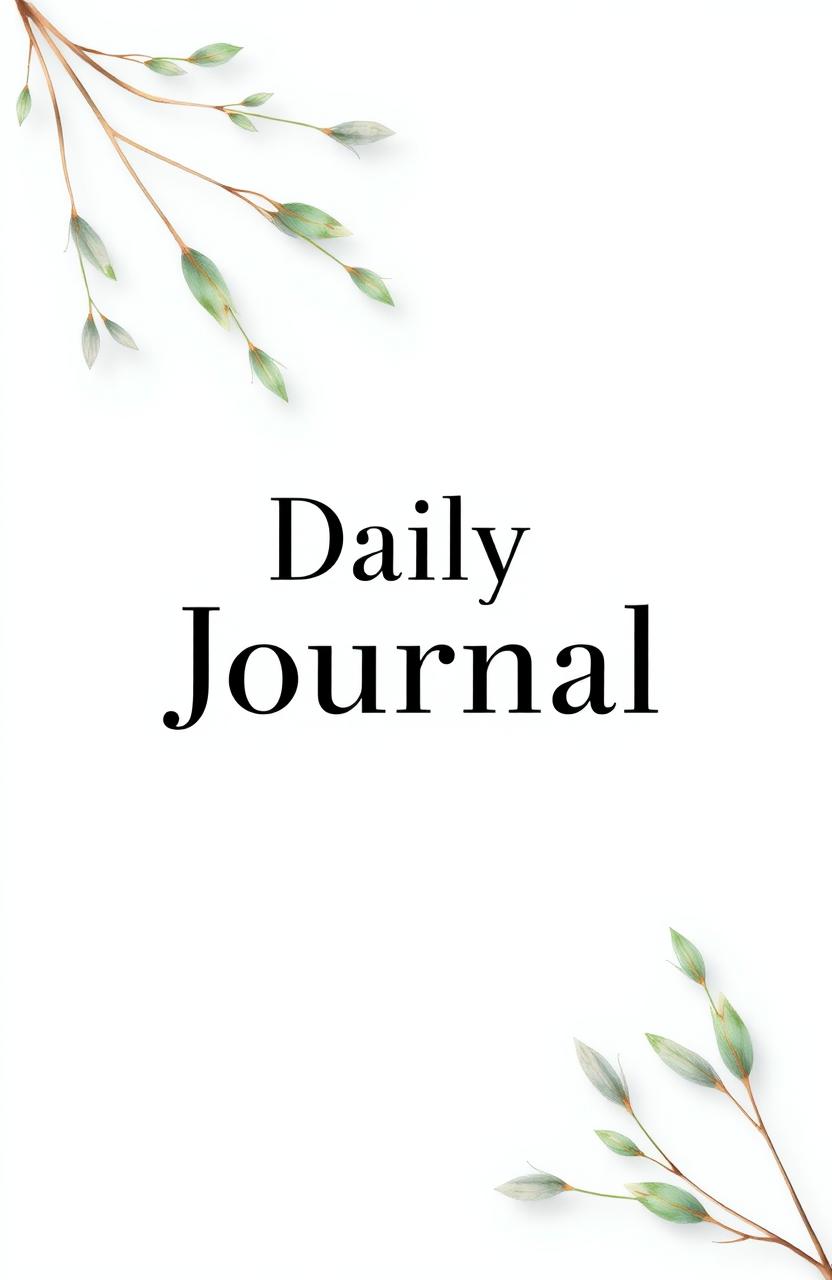 A daily journal cover design featuring an asymmetrical composition with delicate green leaves elegantly placed in the top-left and bottom-right corners