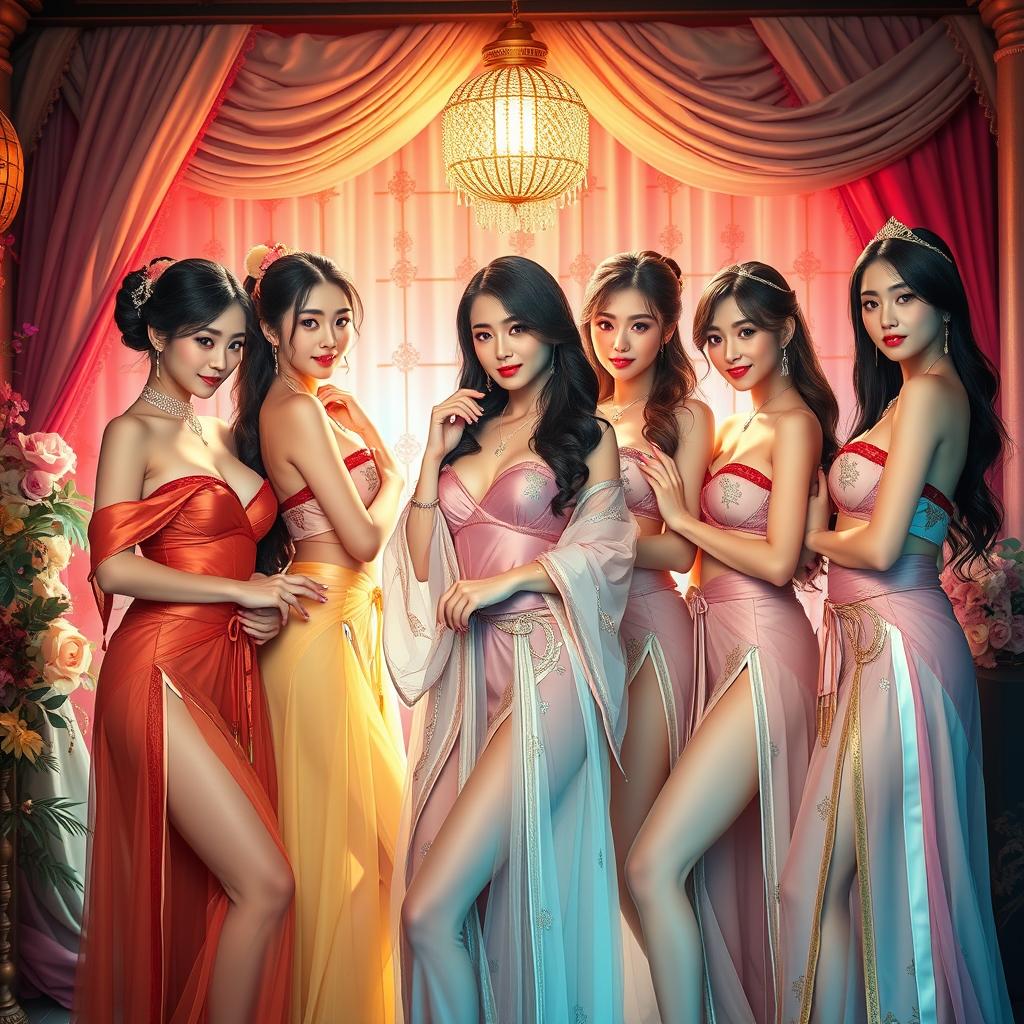 A vibrant and colorful harem scene featuring several beautiful Asian women in semi-revealing, traditional harem outfits that blend elegance with an alluring flair