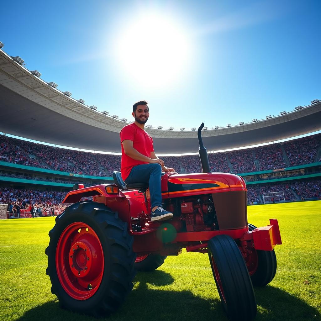 A man wearing a bright red t-shirt riding a vibrant red tractor in the Yadegar Imam Football Stadium