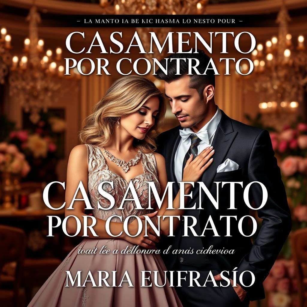 A romantic and elegant book cover for 'CASAMENTO POR CONTRATO' featuring a glamorous billionaire widow, Maria Eufrasio, alongside a stylish couple