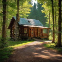 A quaint log cabin nestled within a dense, lush forest, sunlight filtering through the canopy casting dappled shadows on the cabin