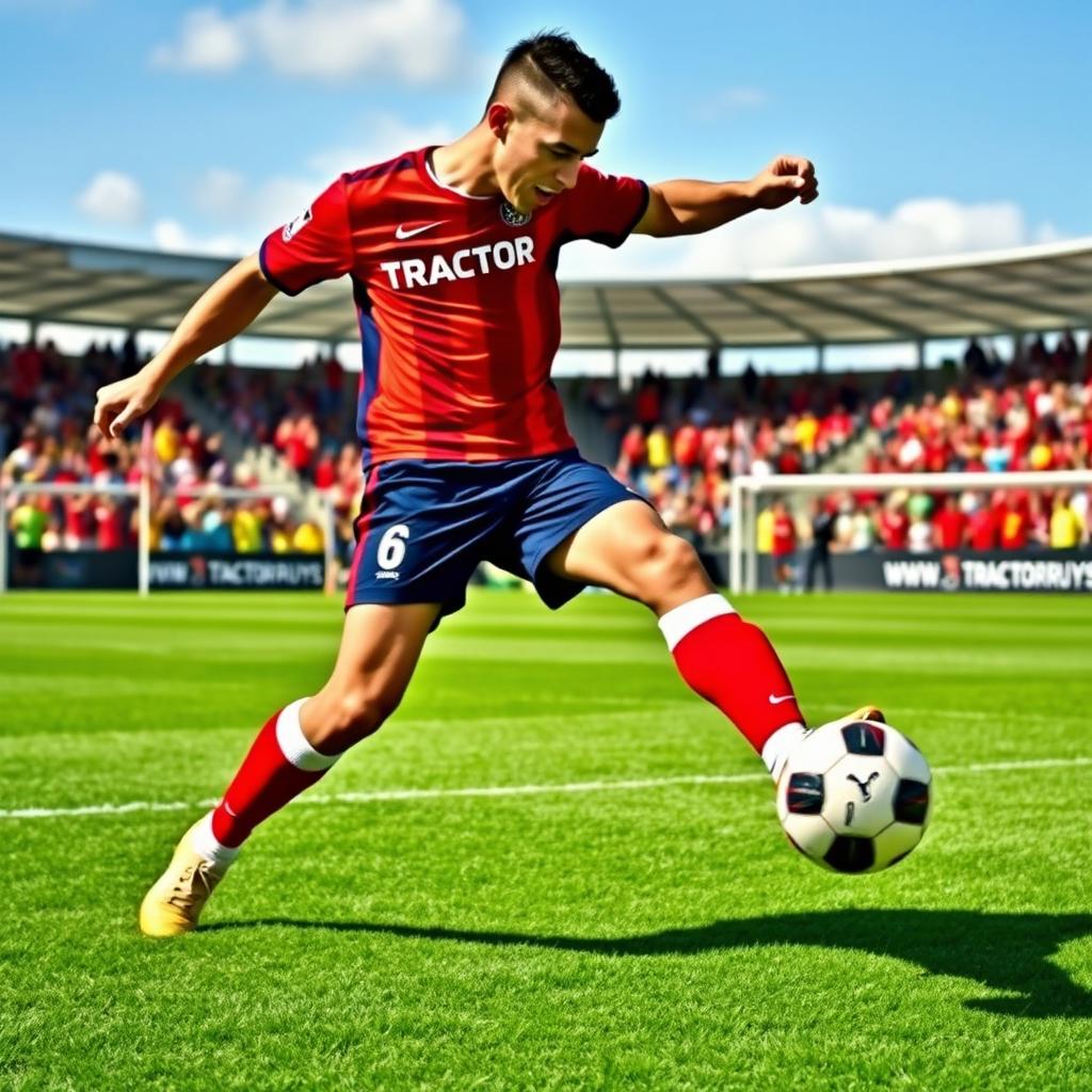 A dynamic scene featuring a football player fully immersed in action, wearing the distinctive Tractor FC sports kit