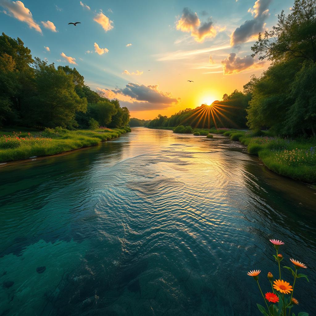 A serene and beautiful natural landscape featuring a wide river with crystal clear water, surrounded by lush green trees and vibrant wildflowers