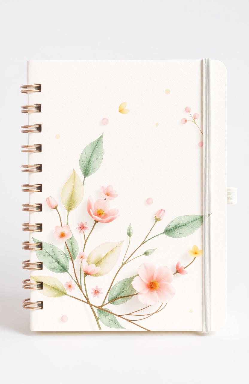 A watercolor journal cover featuring soft pastel leaves and flowers beautifully arranged on a cream background
