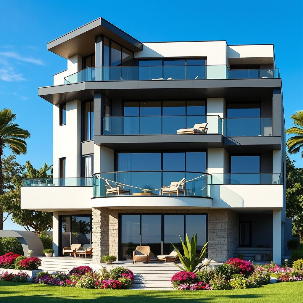 A six-floor modern house featuring a distinctive balcony design inspired by the second level balcony of the picture provided