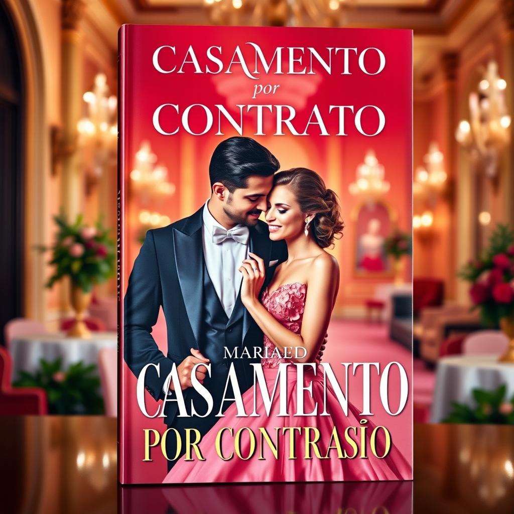 A captivating book cover for 'CASAMENTO POR CONTRATO' featuring Maria Eufrásio, a wealthy widower, depicted elegantly