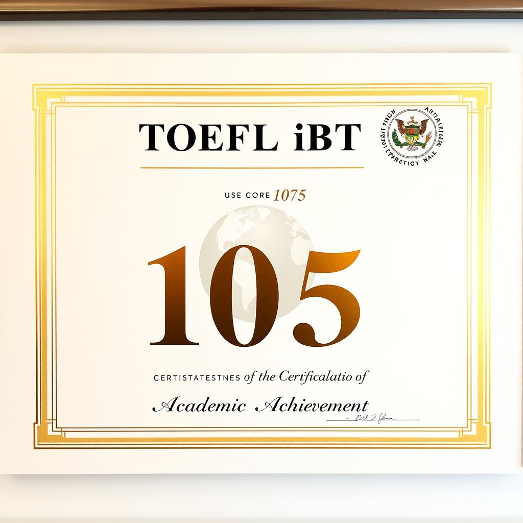 An impressive academic certificate showcasing a TOEFL score of 105