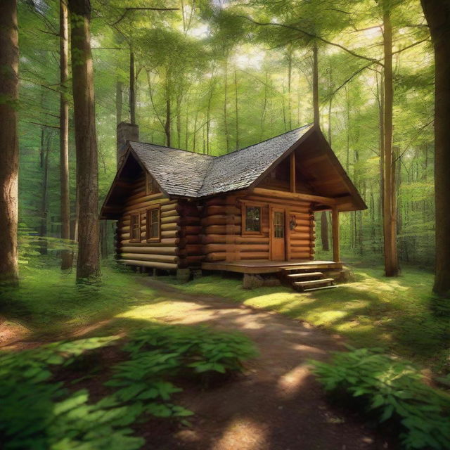 A quaint log cabin nestled within a dense, lush forest, sunlight filtering through the canopy casting dappled shadows on the cabin