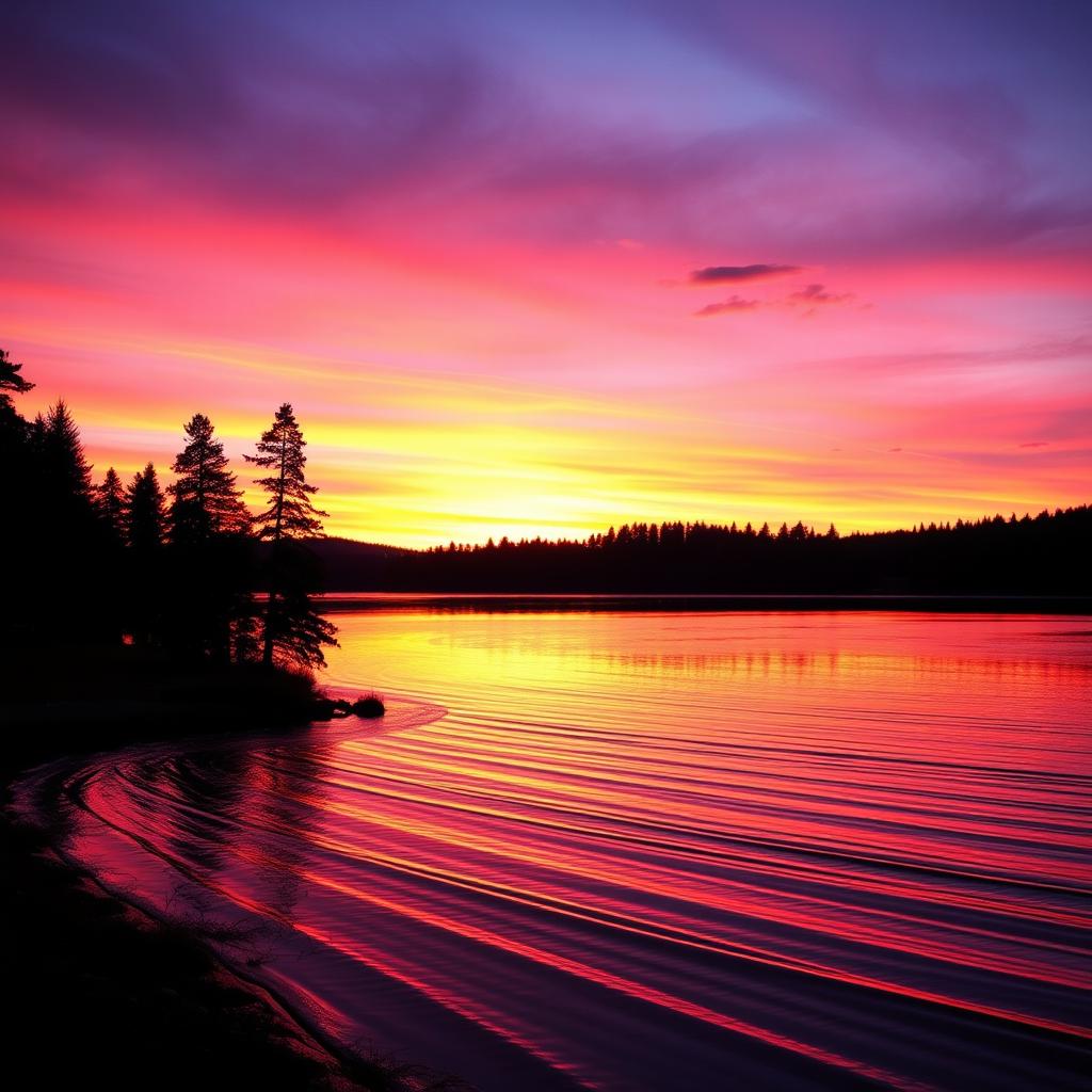 A vibrant sunset over a tranquil lake, reflecting brilliant hues of orange, pink, and purple in the water