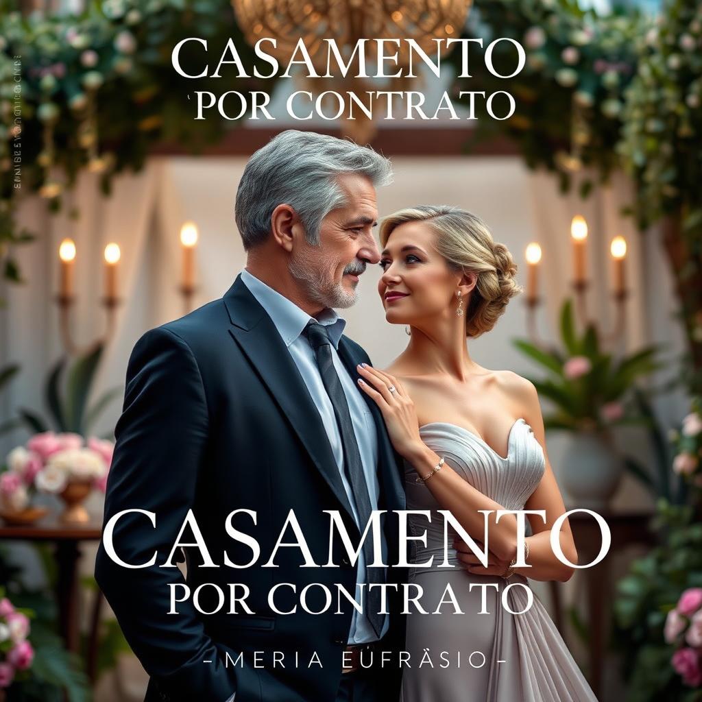 A romantic cover for the book titled 'CASAMENTO POR CONTRATO' featuring the billionaire widower Maria Eufrásio