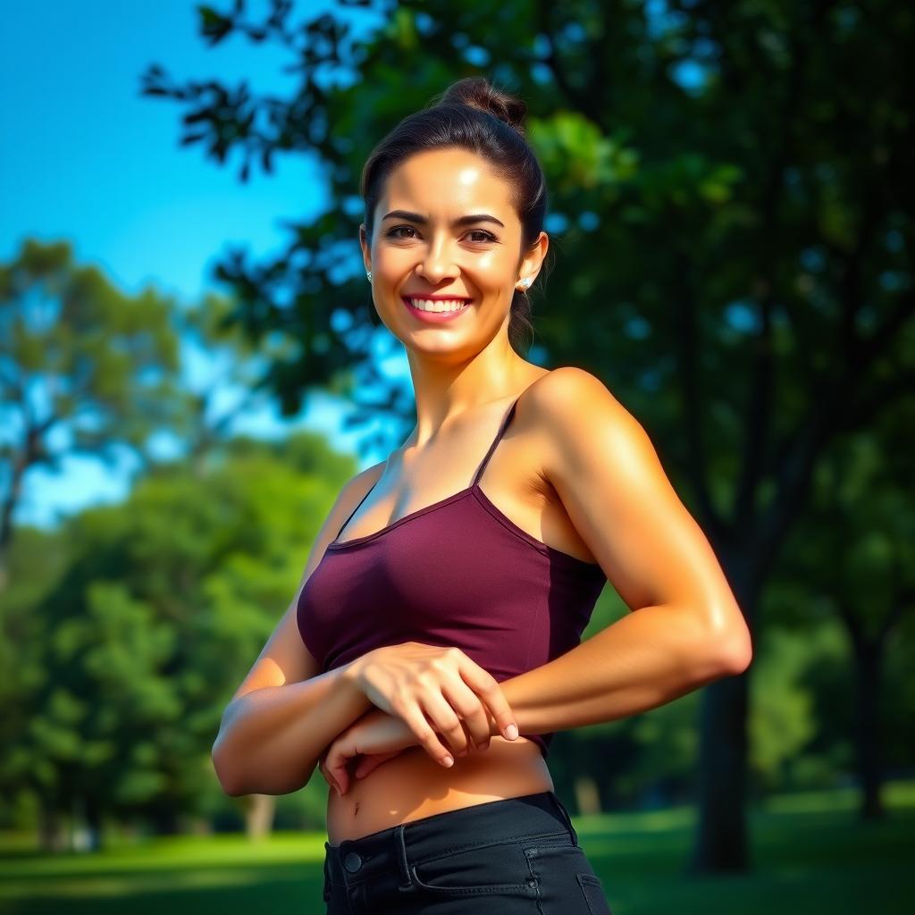 A portrait of a confident person standing in a natural outdoor setting, with a warm smile and a relaxed posture