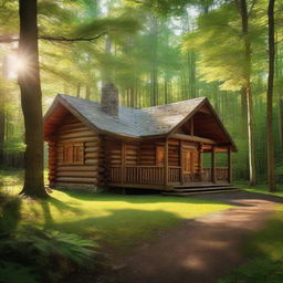 A quaint log cabin nestled within a dense, lush forest, sunlight filtering through the canopy casting dappled shadows on the cabin