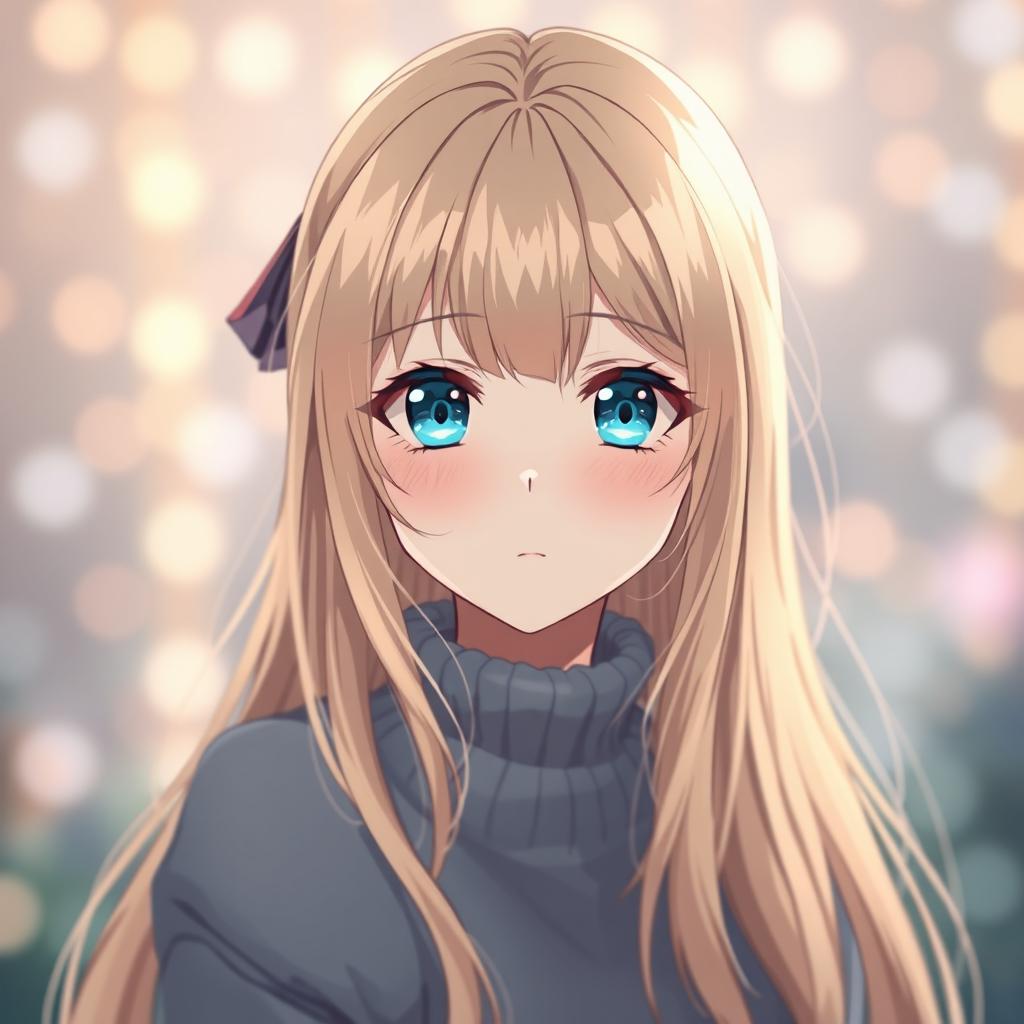 Aesthetic anime girl with long flowing blonde hair and striking blue eyes, set in a dreamy atmosphere filled with soft pastel colors