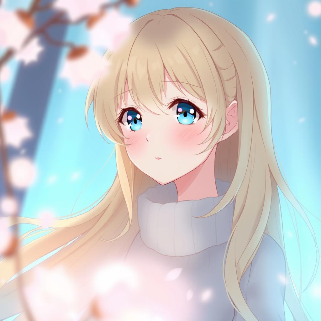 Aesthetic anime girl with long, flowing blonde hair and bright blue eyes, featuring pale skin and a gentle smile