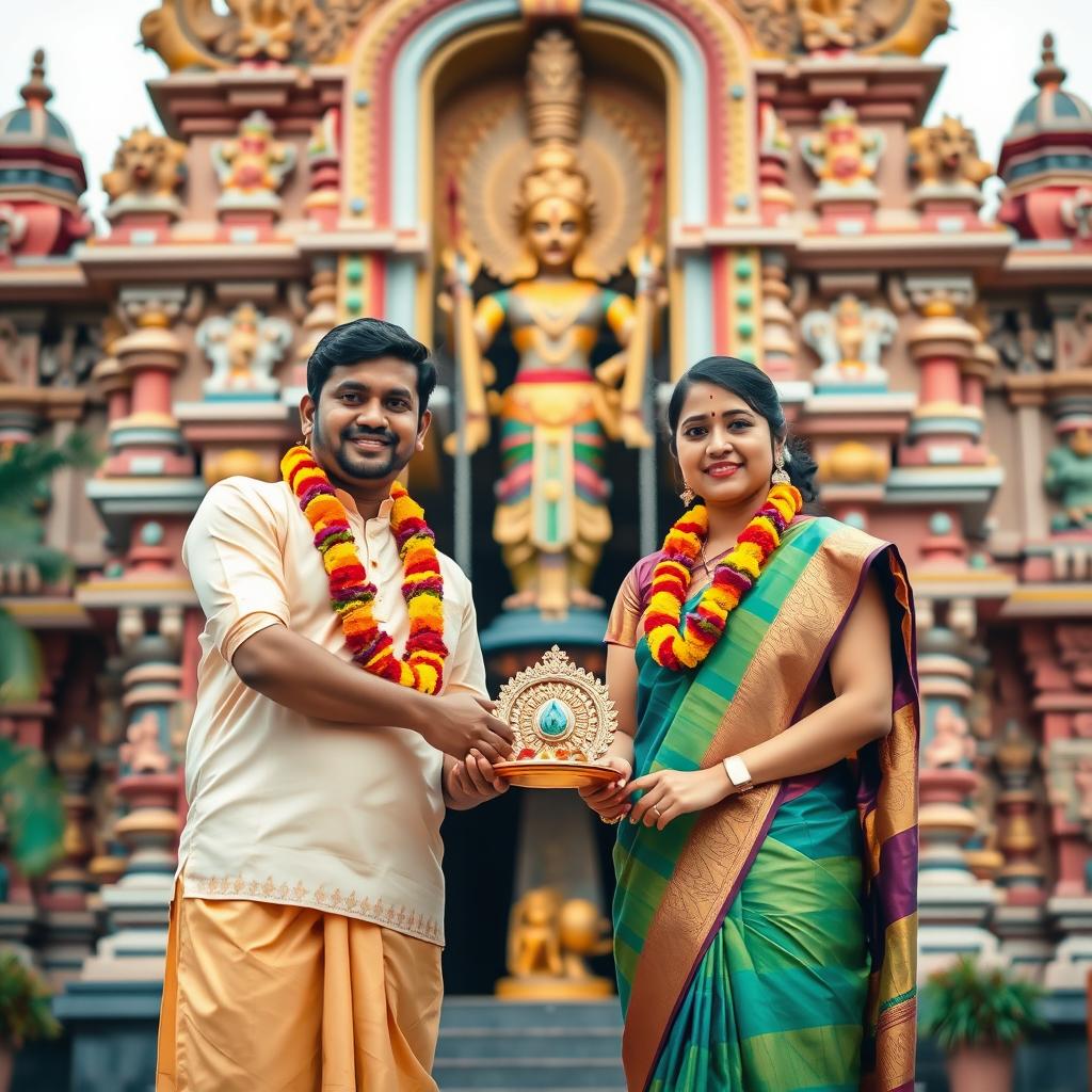 A beautiful couple standing in front of a stunning Murugan temple in Malaysia, both dressed in traditional Tamil attire