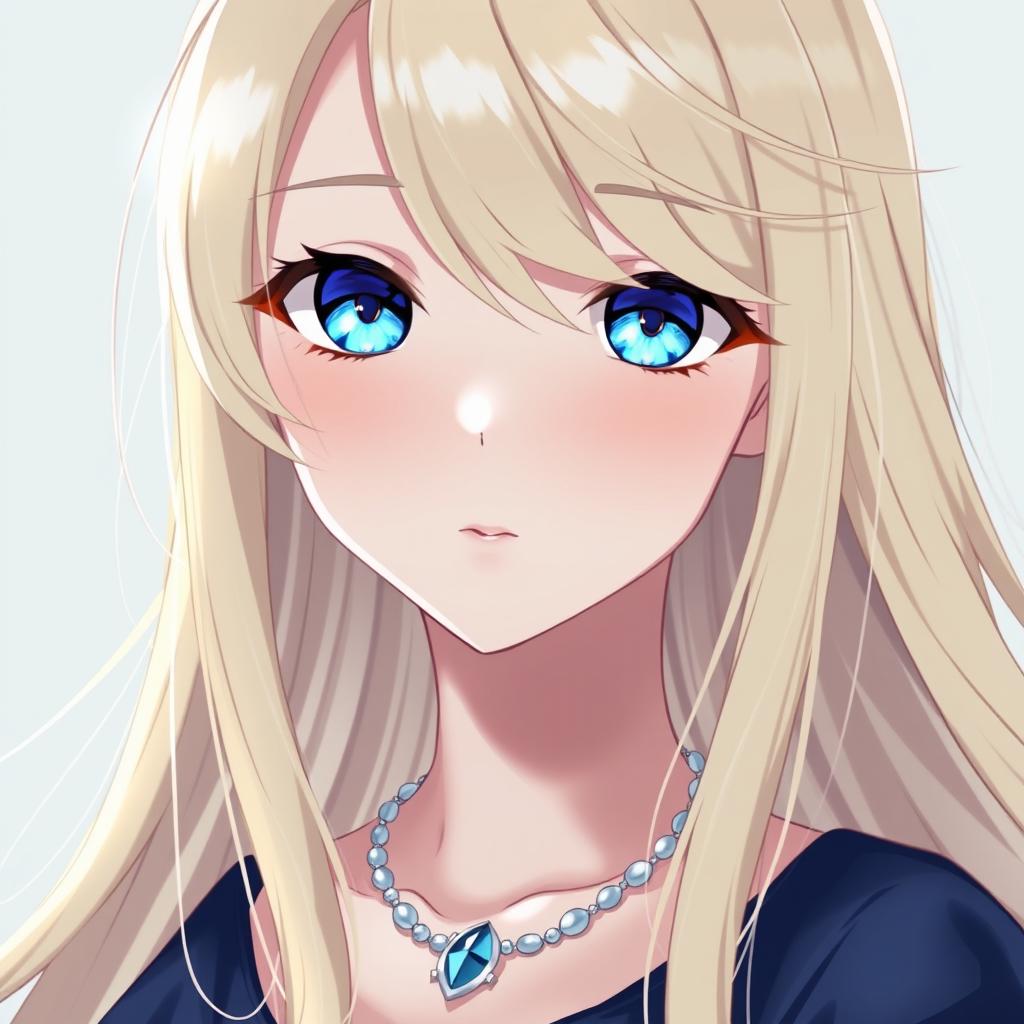 An anime girl with long, flowing blonde hair and bright blue eyes, adorned with a delicate necklace