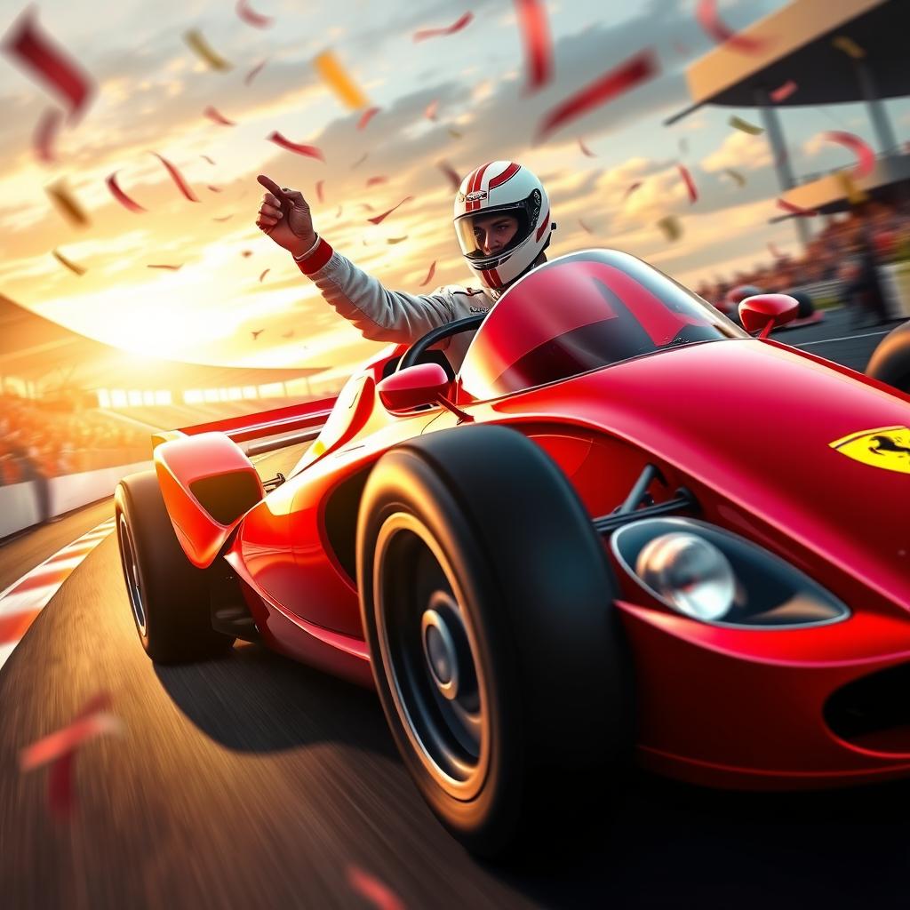 A vibrant and dynamic poster showcasing a Ferrari racing car in the lead position during a thrilling race