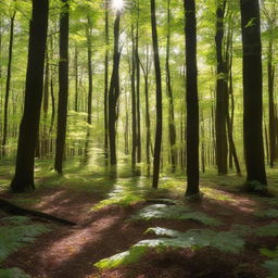 A dense, lush forest with sunlight filtering through the canopy casting dappled shadows on the leaf-strewn forest floor.