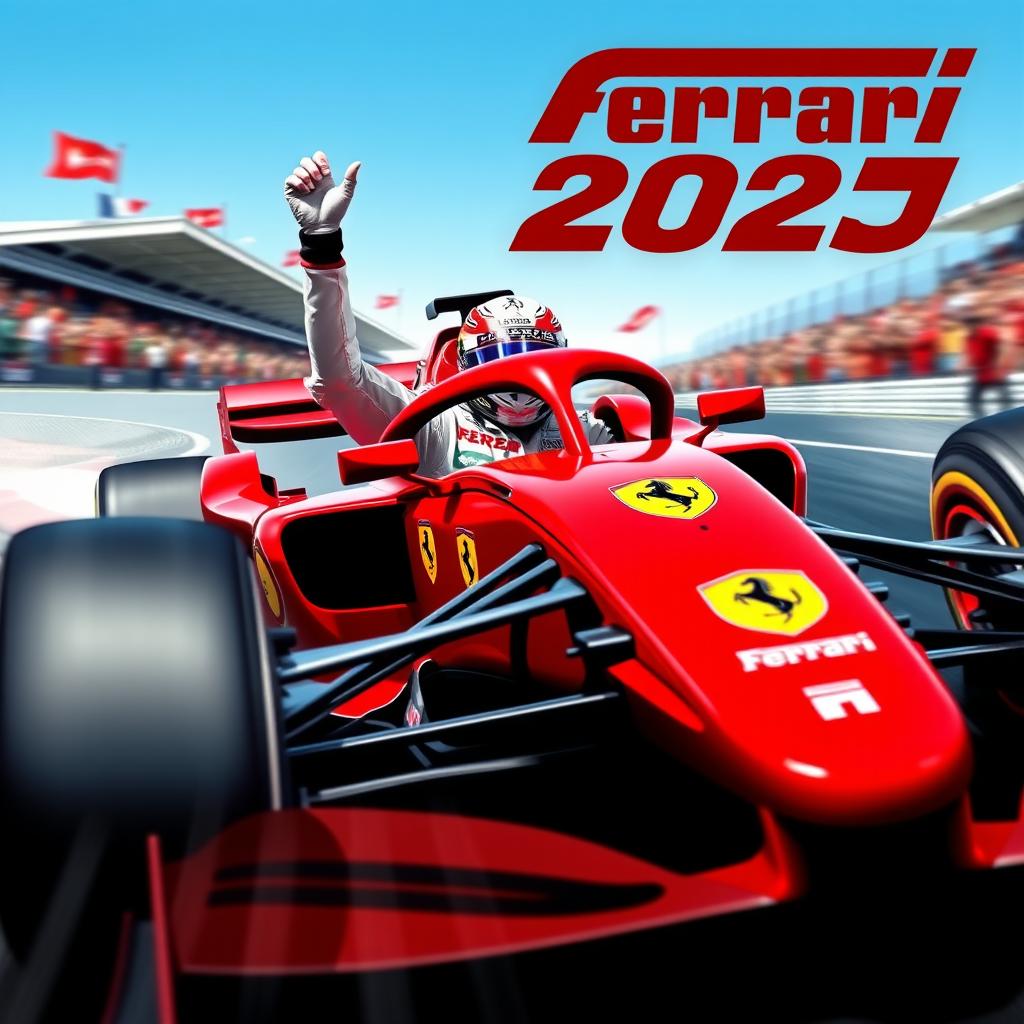 A vibrant Ferrari F1 2025 inspired poster featuring a dynamic scene of the race car speeding towards victory