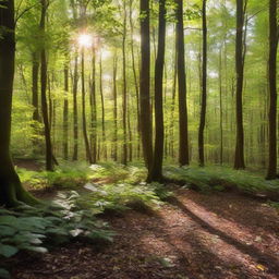 A dense, lush forest with sunlight filtering through the canopy casting dappled shadows on the leaf-strewn forest floor.