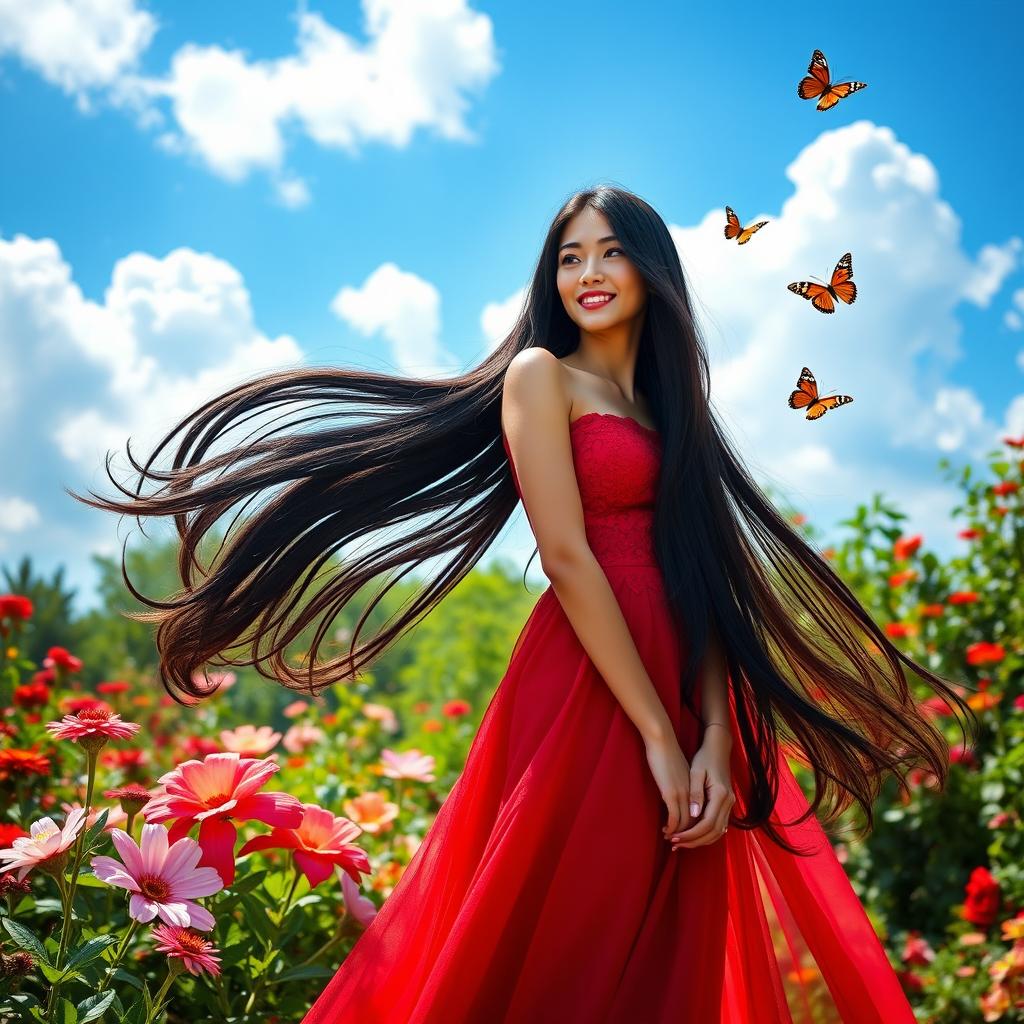 A stunning young woman with long, flowing black hair, wearing an elegant red dress that accentuates her figure