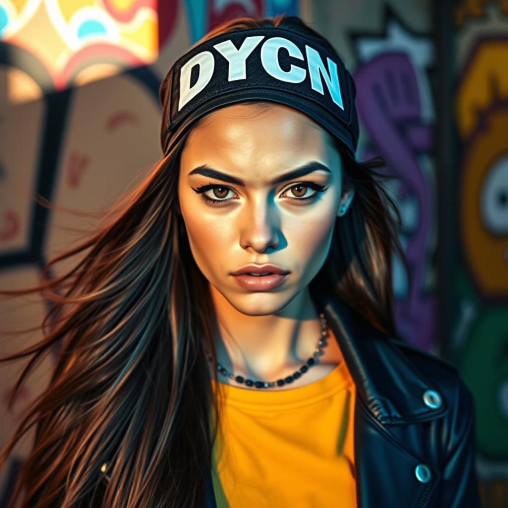 A stylish young woman with long flowing hair and an edgy look, wearing a trendy outfit that blends street style and high-fashion elements
