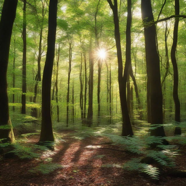 A dense, lush forest with sunlight filtering through the canopy casting dappled shadows on the leaf-strewn forest floor.