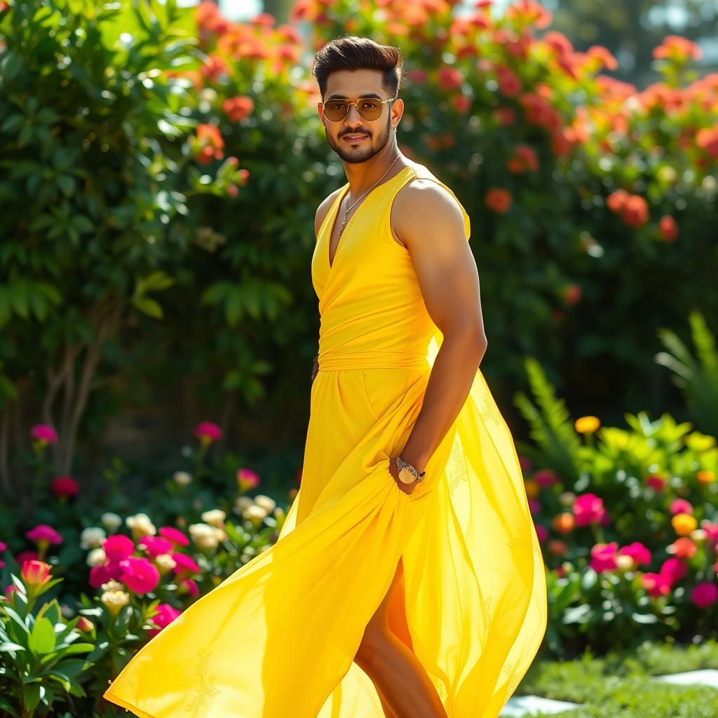 A stylish man elegantly dressed in a bright yellow dress, showcasing a confident pose