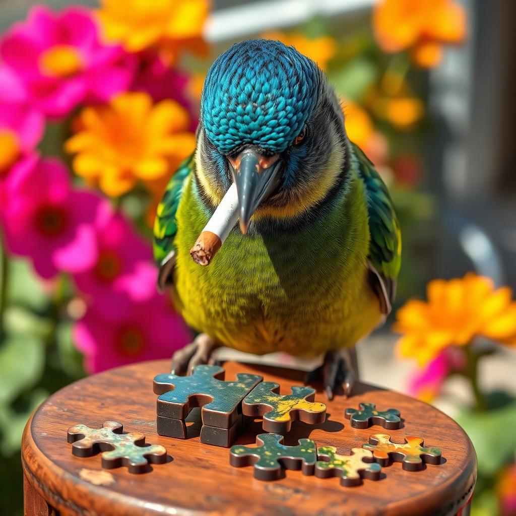 A Tui bird with iridescent blue and green feathers is intently focused on completing a 4-piece puzzle, holding a cigarette in its mouth