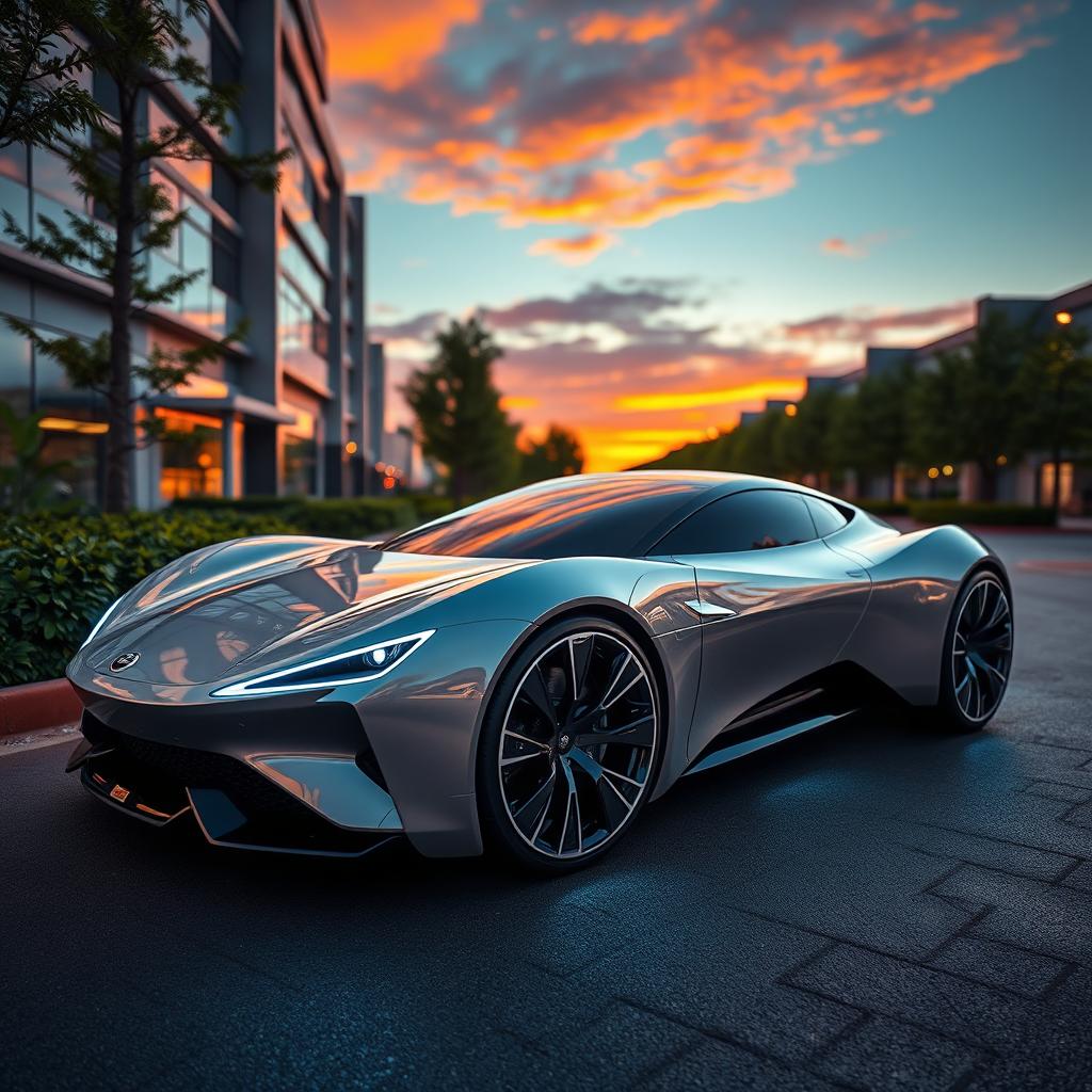 A futuristic car design showcasing a sleek, aerodynamic body, smooth curves, and a glossy finish
