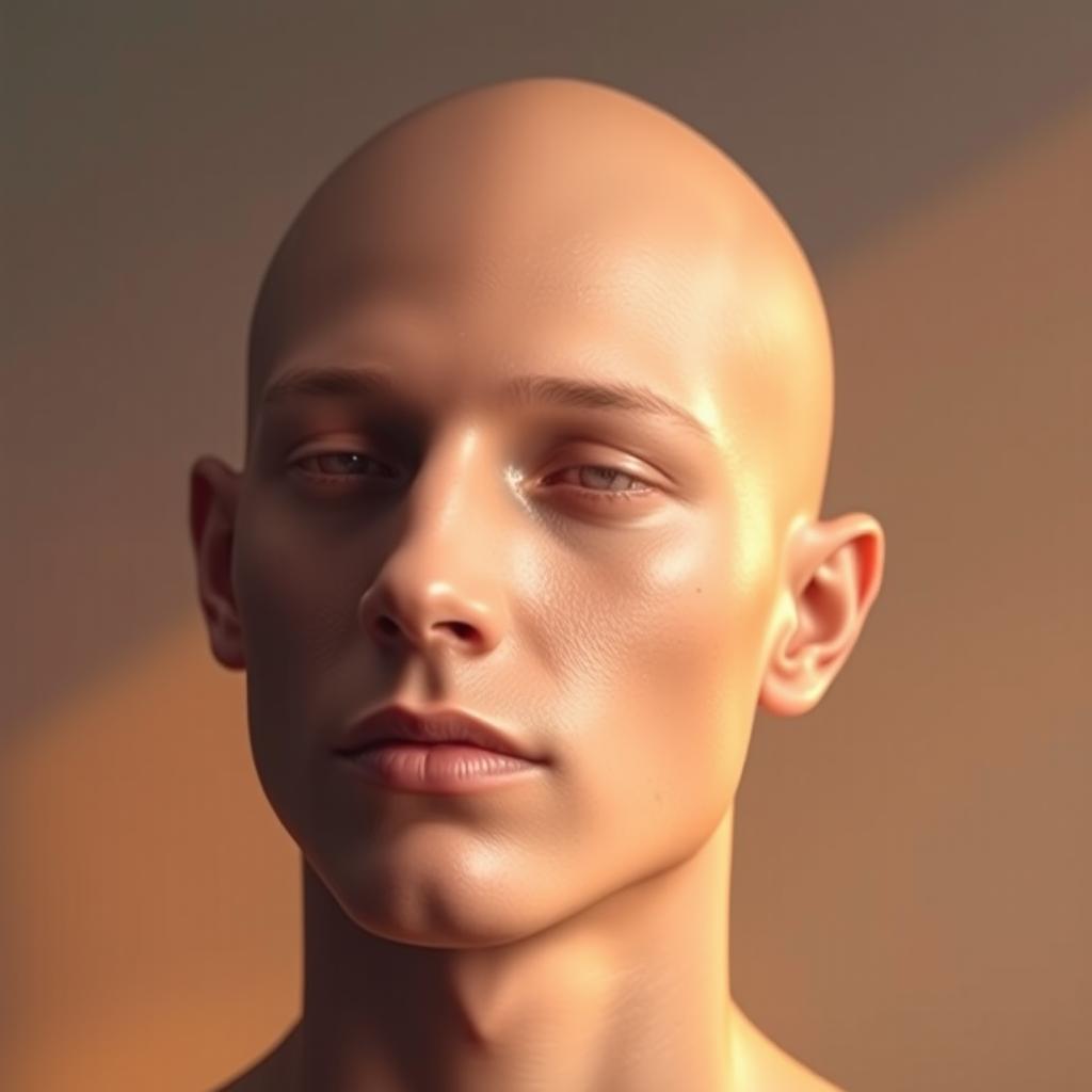 A smooth, bald human head glistening under soft, warm lighting, showcasing perfectly even skin texture with a few faint freckles