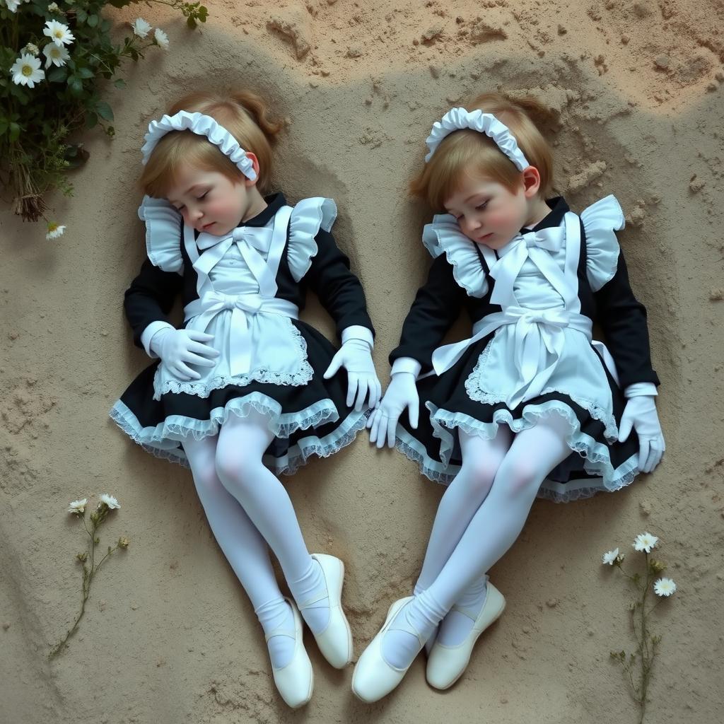 Two boys dressed in elaborate maid outfits featuring frilly skirts, adorned with white ribbons