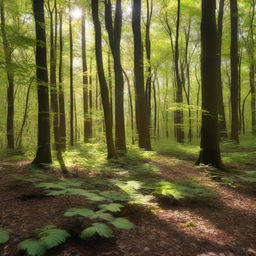 A dense, lush forest with sunlight filtering through the canopy casting dappled shadows on the leaf-strewn forest floor.