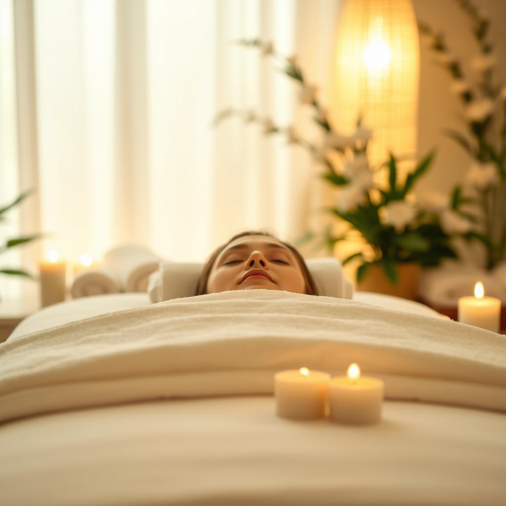 A relaxing spa setting with a massage table and soothing ambient light