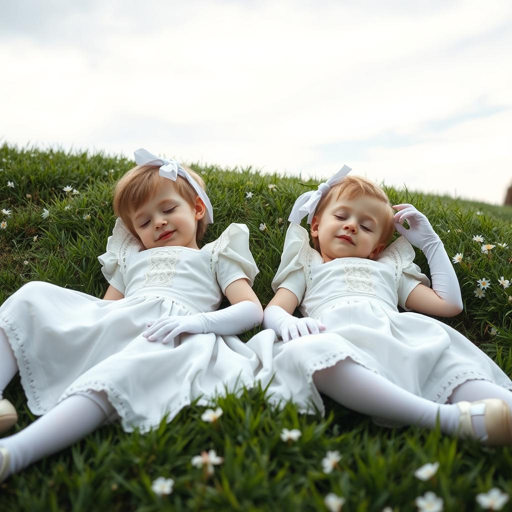 Two boys dressed in elegant maid dresses, featuring white satin fabric adorned with lace
