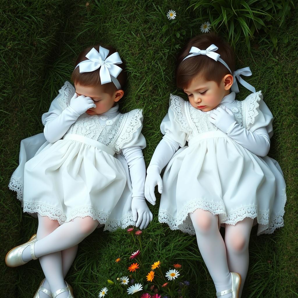 Two boys elegantly dressed in maid dresses made of delicate white fabric, showcasing beautiful lace details