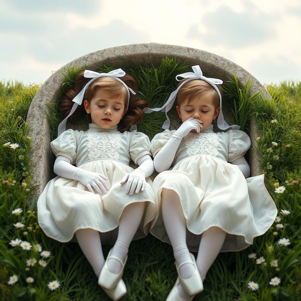 Two boys wearing elegant maid dresses made of soft white fabric embellished with lace details