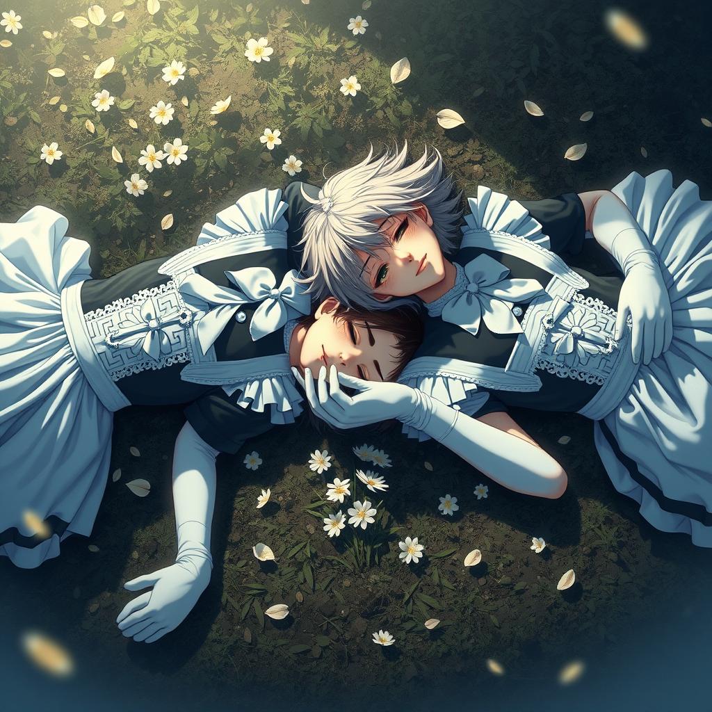 Two boys dressed in elegant maid outfits, complete with pristine white ribbons, white sleeve gloves, white pantyhose, and white ballet shoes