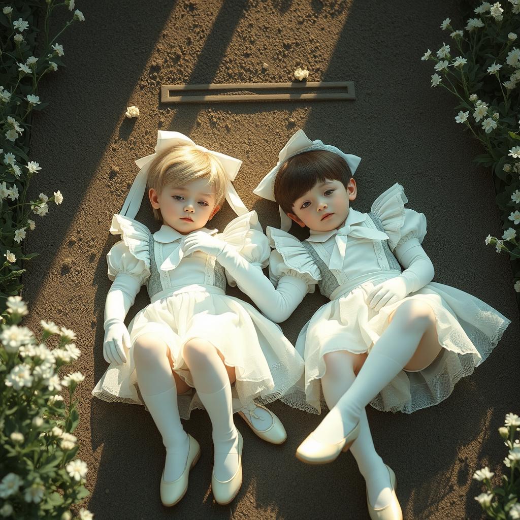 Two boys in exquisite maid outfits featuring crisp white ribbons, elegant white sleeve gloves, smooth white pantyhose, and dainty white ballet shoes