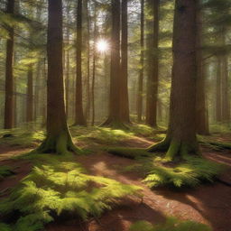 A dense, lush forest full of majestic, old spruce trees where sunlight filters through the canopy, casting dappled shadows on the leaf-strewn forest floor.