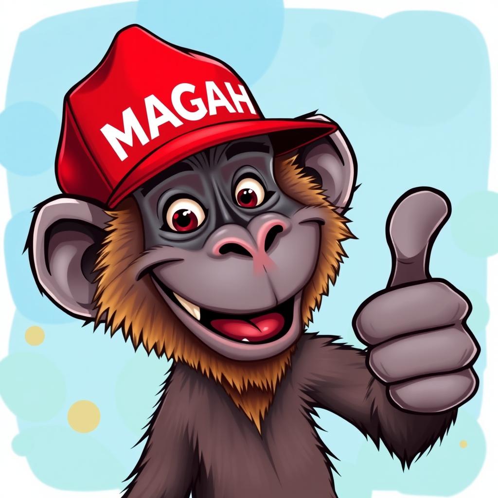 A cartoon caricature of a baboon wearing a red MAGA hat on its head, giving a cheerful thumbs up