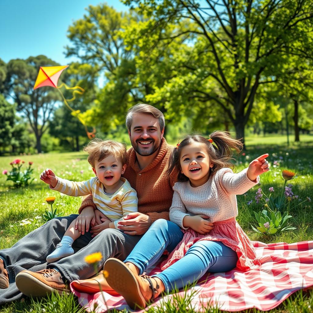 A warm family scene featuring a loving couple with two future children playing happily in a vibrant park