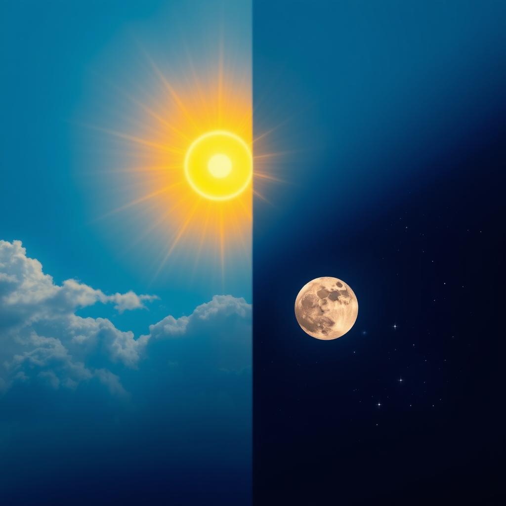 A stunning celestial scene featuring a beautiful sun and a serene moon in a vivid sky