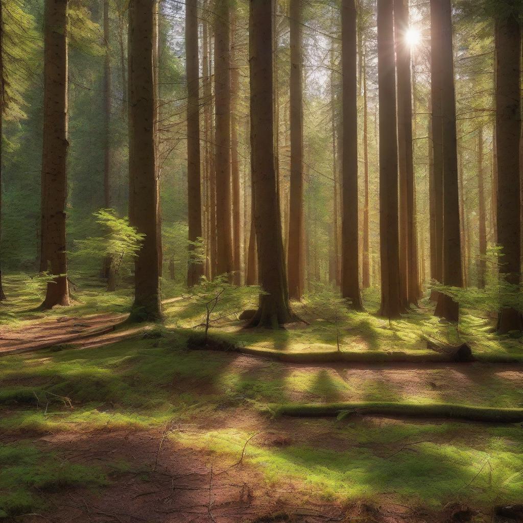 A dense, lush forest full of majestic, old spruce trees where sunlight filters through the canopy, casting dappled shadows on the leaf-strewn forest floor.