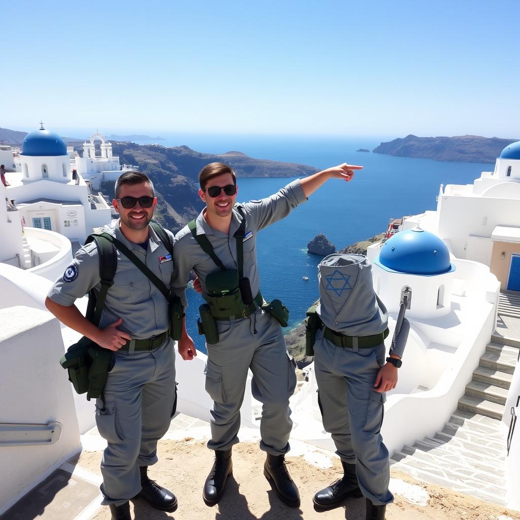 Three IDF soldiers (jaialim) in uniform, standing together on a cliffside in Santorini, Greece