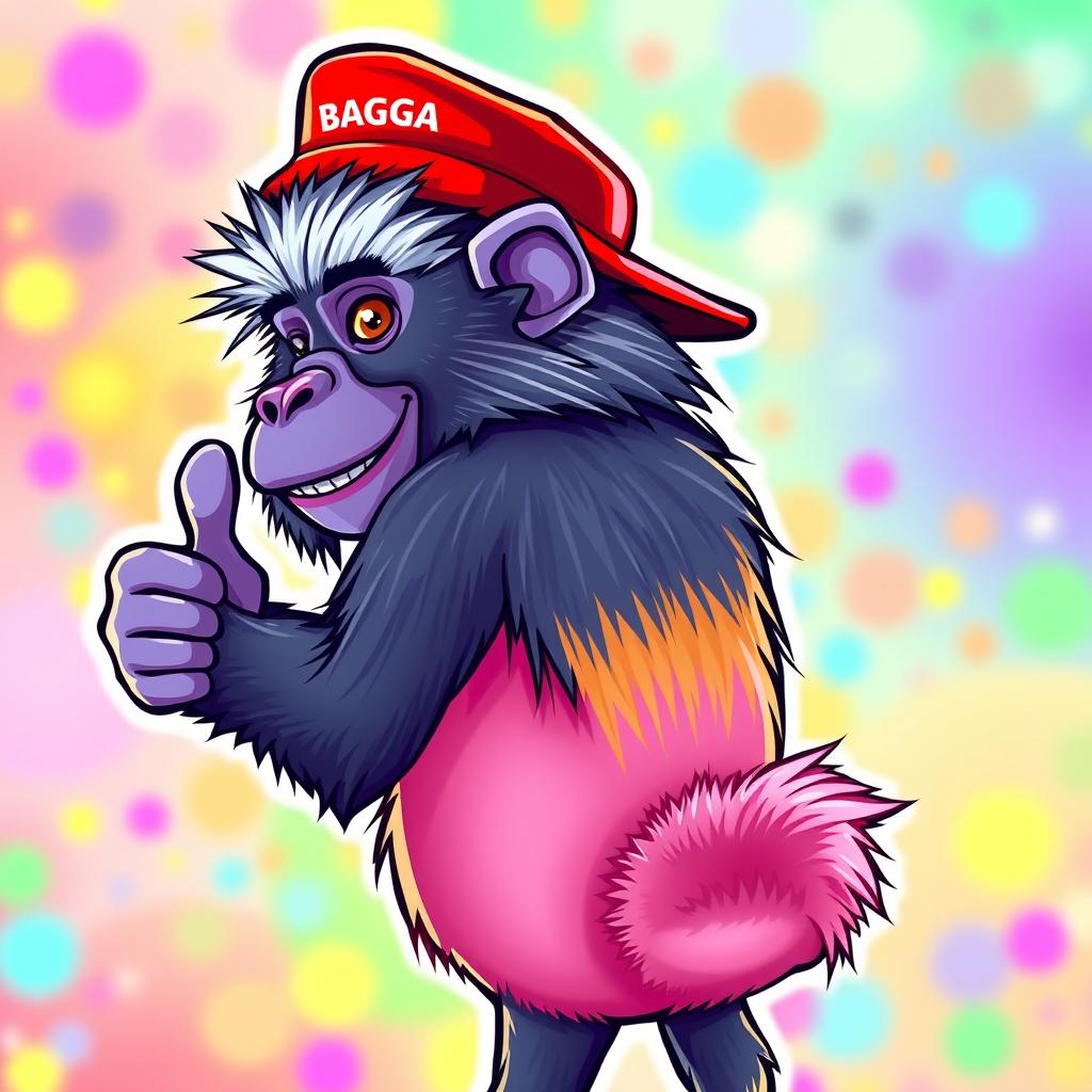 A cartoon caricature of a full image of a baboon with a red MAGA hat on its head, turned so that it's looking back at us while giving a cheerful thumbs up