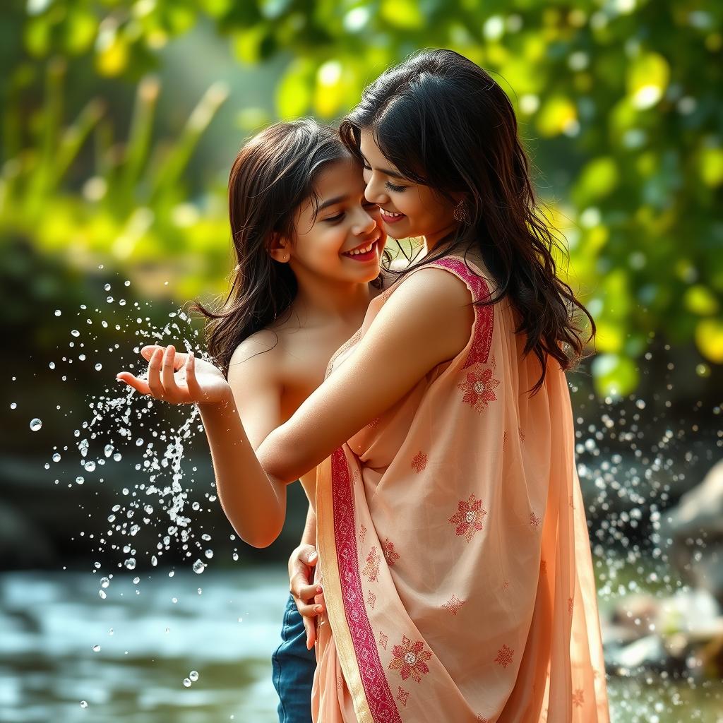 A romantic and intimate scene featuring a girl in a beautiful, sleeveless wet saree with intricate embroidery, glistening with drops of water as it drapes gracefully over her figure