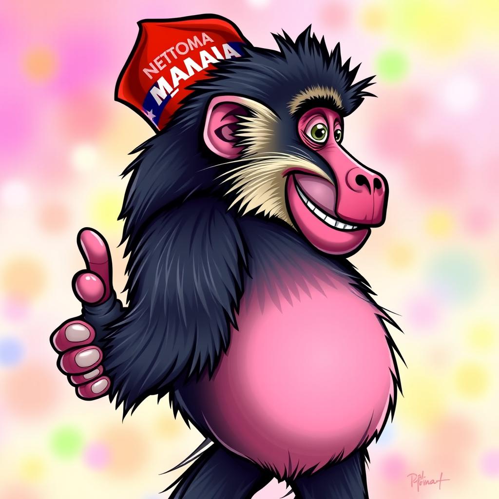 A cartoon caricature of a full image of a baboon wearing a red MAGA hat on its head, turned away from us while looking back with a playful smile and giving a thumbs up